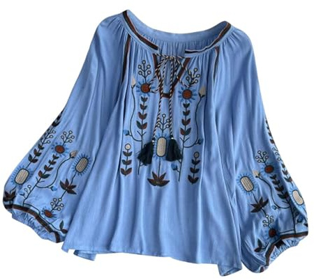 APLVFFZH Blusa Bordada para Mujer Tops Bordados Mexicanos con Bordado Floral para Mujer, Azul