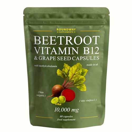Beetroot Capsules with Vitamin B12 & Grape Seed Extract for Energy & Immunity + Nitric Oxide | High Strength 9000mg Beetroot, 1000mcg Methylcobalamin | 60 Capsules (2 Months) by Roundway Supplements
