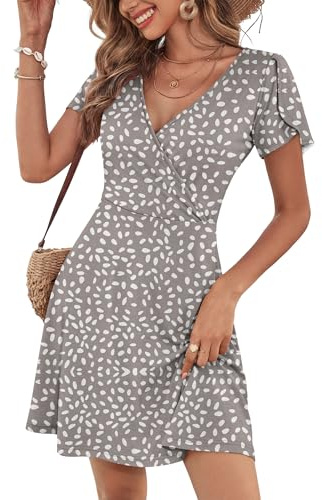 ANRABESS Womens Summer Dresses Short Sleeve Wrap V Neck A-Line Floral Mini Dress Causal Flowy Boho Beach Vacation Sundress Khaki Polka Dot S