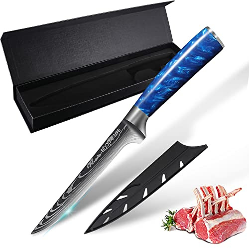shoplease Professional 6-Inch Boning Knife, Blue Resin Handle, Damascus Pattern Blade, Sharp Hand-Edged Steel with Perfect Balance Pinch Point, for Meat Deboning, 15.3cm Blade Length
