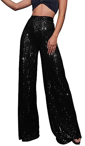 Generisch Pantalones con lentejuelas para mujer, talle alto elástico, brillante, pantalones de brillo, pantalones de lentejuelas, pierna ancha, verano, pantalones de ocio, extra largos, bota corta