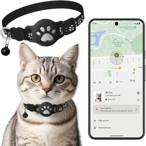 Collar GPS de gato, rastreador de chat GPS sin suscripción mensual, sin tarjeta SIM, compatible con Google Find My (Android únicamente) (collar + rastreador blanco)