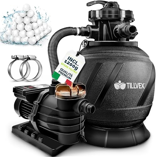 tillvex Depuradora de Agua para Piscina con temporizador 13.200L/h hasta 40.000L + 1200g Bolas de Filtro - 7 Funciones de Filtrado & Adaptador 2en1 Ø32-38 mm - Bomba de Filtro de Arena con Válvula