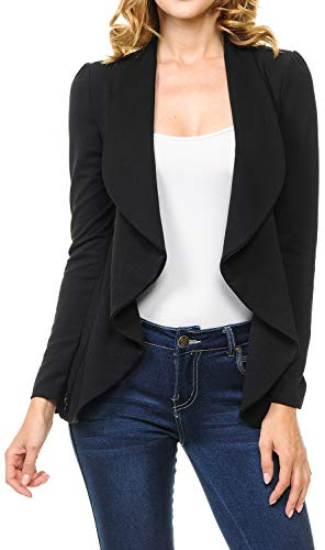 MINEFREE Women's Long Sleeve Classic Draped Open Front Lightweight Blazer Solid Black L