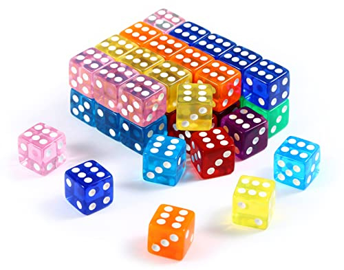 Yinsun 40 Pieces 16mm Colored Dice Set，6 Sided Bulk Dice for Board Game, Teaching Math - Square Dice, 8 Translucent Colors