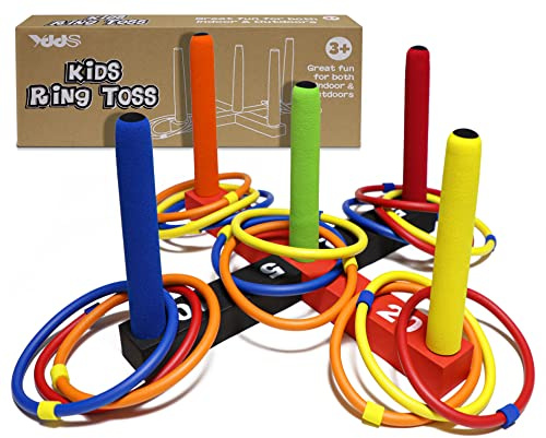 Ring Toss Game for Kids, Indoor & Outdoor Game for Family and Adults with 5 Poles, 2 Bases and 16 Rings in 4 Colors, Soft Foam Toy for Kids Backyard Ring Toss Fun