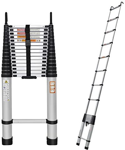 Telescoping Ladder 20.3ft Aluminum Extension Folding Ladder with 2 Hooks, 330lbs Max Load, with Anti-Slip Rubber Feet, Folded Height 3.4ft, Weight 36lbs, Portable Attic Ladder Easy to Transport
