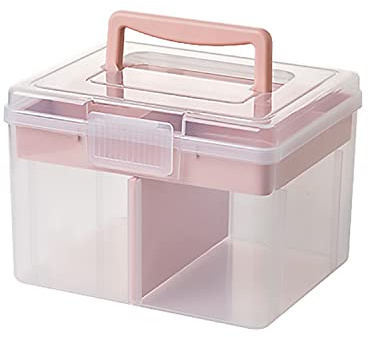FOREVERIE Small Portable Plastic Storage Box for Beauty Ornaments Hair Nail Accessories, Cosmetic Case with Handle & Removable Tray & a Divider, Sewing Box Organizer, Kids Art Box (Clear & Pink)