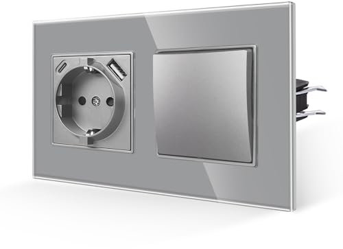 JIMEIDA Lichtschalter mit Steckdose in Grau,16Amp Glas Steckdosen mit Schnelles Laden USB und Typ C Port,Unterputz Wandsteckdose-157 * 86mm,250V（Kann nicht vertikal installiert werden）