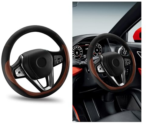povtii Car Steering Wheel Cover, Universal 15 Anti-Slip Auto Steering Wheel Protector for Men Women, Breathable Odor Free Leather Steering Wheel Car Accessories Fit Most Vehicles (Coffee)
