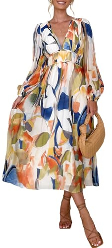 Maxigerui Women's Long Sleeve Floral Maxi Dress 2026 Spring Summer Wedding Guest Dress Blue Watercolor L