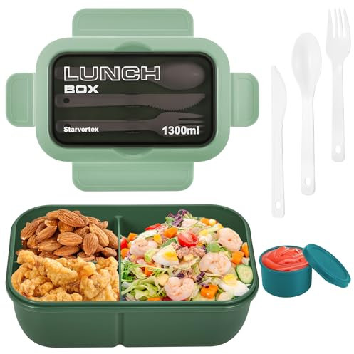 Starvortex Lunch Box con 3 Compartimentos, 1300ml Resistencia Calor Bento Box, Sin BPA Lunch Box Kids Portátil, Fiambrera Infantil Compartimentos Estanca, Fiambrera con Cubiertos y Salsera (Verde)