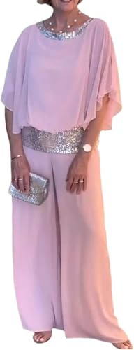 Conjunto de Pantalones de Dos Piezas de Gasa para Mujer 3/4 de Lentejuelas Manga de murciélago Elegante pantalón Trajes Formales Fiesta de Noche (Rosa,S)