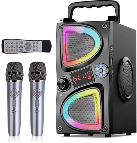 Macchina Karaoke per Bambini Adulti, Piccolo Cassa Karaoke Bluetooth Portatile con 2 Microfoni Wireless e Luci LED, Regali Giocattoli per Tutti gli Smartphone, Compleanno, Famiglia, Festa in Casa