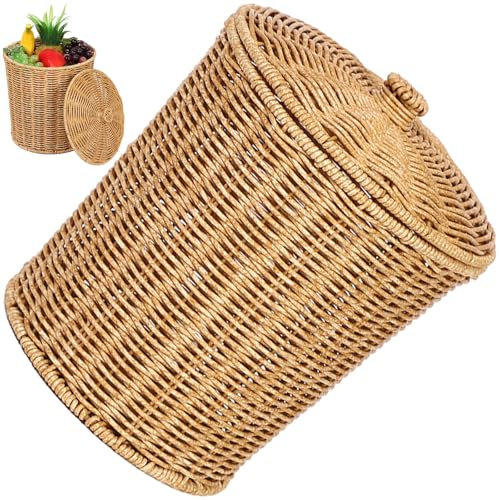 Ymxygz Cestello di vimini Coperchio, Cestino rotondo in rattan, Cestino della spazzatura Tessuto, Cesto della biancheria per camera da letto, soggiorno, ufficio
