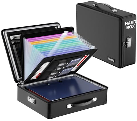 Tamfile Caja de documentos ignífuga, caja de seguridad ignífuga con diseño de carcasa dura, resistente al agua, organizador de archivos para documentos importantes, certificados, pasaportes de laptop,