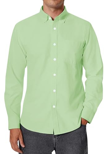 siliteelon Men's Oxford Shirt Long Sleeve Smart Casual Plain Regualr Fit Button Down Shirts with Pockt Green L