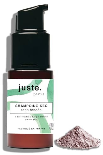 Juste.Paris Shampoing Sec Poudre Bio Sans Aérosol - Cheveux Foncés - 50 utilisations - Absorbe le Sébum, Redonne Volume et Douceur – Parfum Yuzu - Fabriqué en France