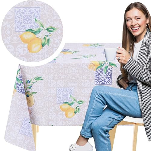 KP HOME Beige PVC Table Cloth Wipe Clean Tablecloth with Blue Porto Tiles and Lemons - Rectangular 78.7x 55.1 - 200x140 cm Waterproof and Wipeable Plastic Table Cover Olive Branches Vinyl Oilcloth