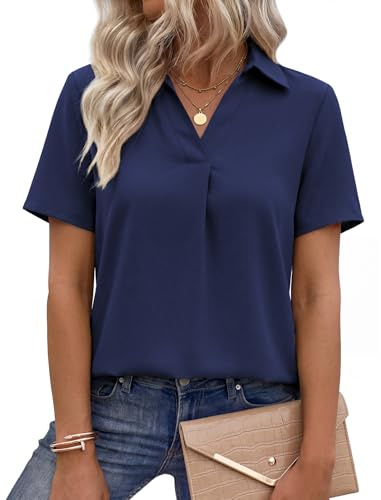 PASUDA Blusa Mujer Manga Corta Casual Camisas con Cuello en V de Verano Camisa Holgada Elegante de Color Sólido Suelta Tops