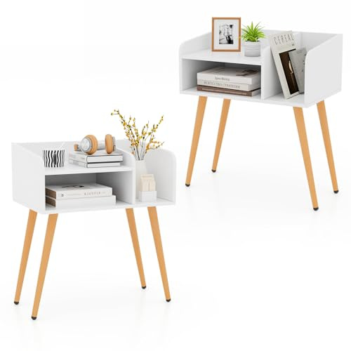 COSTWAY 1/2 Mesitas de Noche 2 Niveles con Estantes Abiertos, Mesillas de Noche con Patas Metálicas, Mesa Auxiliar Dormitorio Salon Sofa, 50 x 32 x 58 cm (Blanco,2)