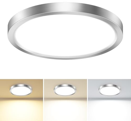 slochi Bathroom Light, 3000K/4000K/6500K 3 Color Temperature, Waterproof IP44, Small, Round, Modern, 18W 2100LM Flush Ceiling Light for Bathroom, Kitchen, Bedroom, Hallway,Ø22CM(Brushed Nickel)