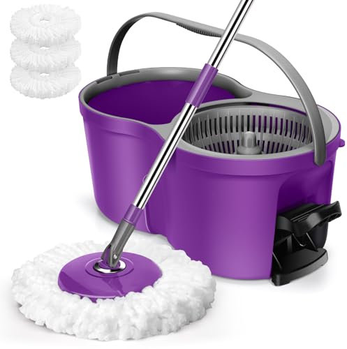 Eukue 2 in 1 Set di Mocio e Secchio, Rotomop con 3 Panni in Microfibra Riutilizzabili, Mocio e Secchio Centrifuga, Adatto per Piastrelle, Pavimenti in Laminato, Viola
