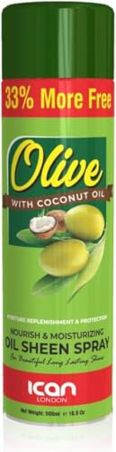ican London Olive Oil Sheen Spray with Coconut Oil, Hair Moisturising and Nourishing Treatment (1 x 500ml)