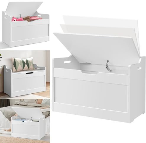 Storage Chest Wood with Lid & Safety Hinge, White Storage Trunk Large Wooden Ottoman Storage Box Shoe Bench Seat, Clothes Toy Chest Bedding Blanket Container for Living Room, Bedroom, 62 x 40 x 46 cm