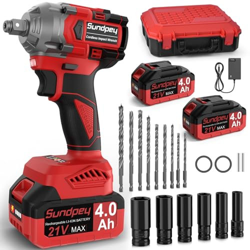 Sundpey 650N·m Cordless Impact Driver - 2-in-1 3200RPM Brushless Electric Impact Gun - 21V 480Ft-lbs Power Impact Wrench with 2 x 4.0Ah Battery & 6 Sockets & 9 Drill Bits & Desktop Charger & Tool Case