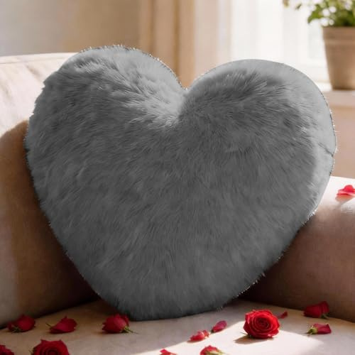 Cojín Corazón, Cojín de Corazón Suave y Mullido - 36 x 46 cm - Gris Cojin de Peluche en Forma de Corazon, Cojín Decorativo Love Aesthetic para el Día de San Valentín en Salón Dormitorio Sofá Cama