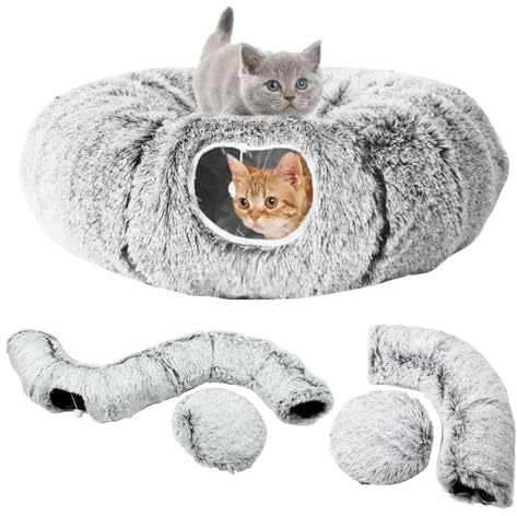 Tunnel Chat Rond, Tunnel pour Chat d'intérieur, Tunnel Multifonctionnels, Cachette Confort pour Chats, Petits Lapins, Chiots Furets (Gris,85 X 26 Cm)