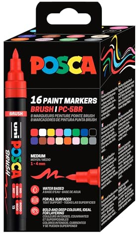 POSCA Mitsubishi Pencil, Pochette 16 Marqueurs PC5BR, pennborste, halvflexibel – pekskärm på basen – Tout Support – färgtillbehör | 1–4 mm flexibel penselspets markör för nästan alla ytor