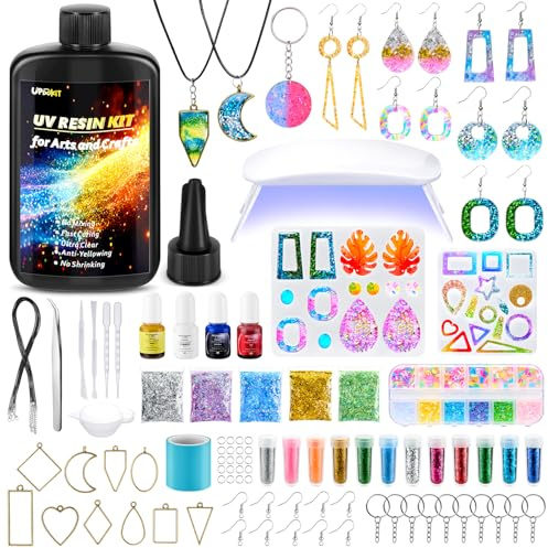 UPDOKIT Resina UV Kit Manualidades Adultos con Lámpara UV y Moldes, 250 g Resina UV Transparente para HacerJoyas, Pendientes, Hacer llaveros, Set Completo para Principiantes y Profesionales
