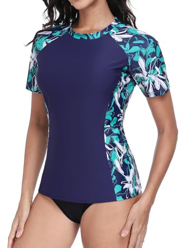 Charmo Rash Vest Women UPF 50+ Short Sleeve Beach Swim Top Navy/Print L