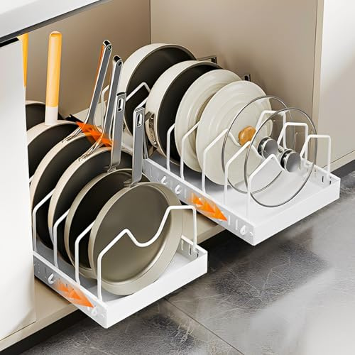 WOPPLXY juego de 2 organizador sartenes, organizador sartenes y ollas cajon con 8 separadores ajustables, organizador tapas ollas para debajo del armario (blanco)