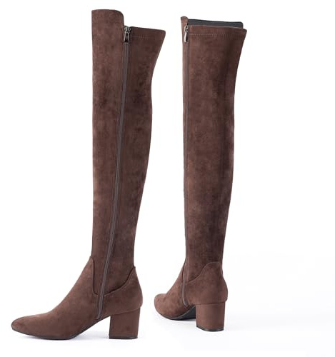 N.N.G Women's Over the Knee Boots, Coffee Brown Synthetic Suede, 2 Inch Low Heel, Side Zip, Stretch Material, Classic Style for Office Evening Casual Wear, Size 8 M Width