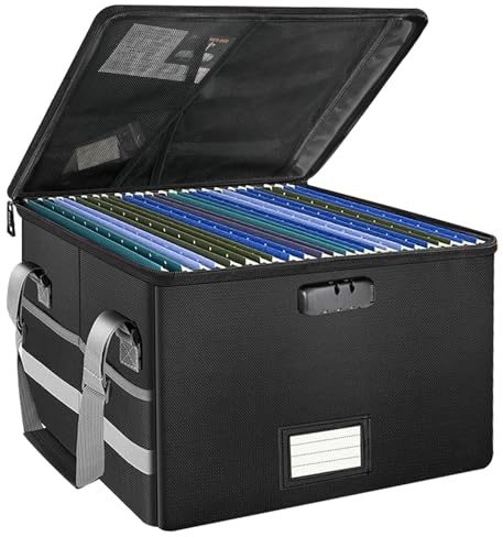 wiksite File Box with Lock Fireproof Waterproof Document Box with Handle and Zipper Collapsible & Lockable File Organiser Home Office Filing Safe Storage Boxes for A4 Suspension File Folder