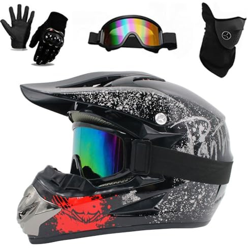 Casco da Motocross Per Bambini, Casco Integrale da Motocross Per Sport All'Aria Aperta, Mountain Bike, Uomo E Donna con Occhiali, Guanti E Maschera Per Adulti, Omologato DOT(KK03,M(54-55cm))