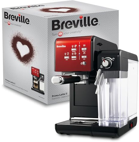 Breville Machine à café et expresso PrimaLatte II | Pompe italienne à 19 bars | convient pour le café en poudre ou en dosettes | Mousseur à lait automatique intégré | Noir / rouge | VFC109X-01