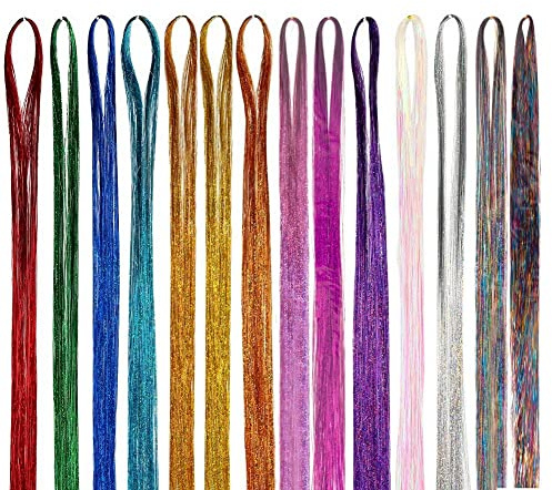 14 Colors 4200 Strands Hair Tinsel Extensions, Shiny Colorful Straight Hair Extensions for Women Girls Party Cosplay Rainbow Synthetic Hair Extensions (36.6 Inches)