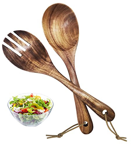 SwirlColor Posate Insalata, Cucchiai in Legno di Teak Naturale Ambientale Cucchiaio da Portata Forchetta per Zuppa di Riso per Insalata nel Ristorante di Cucina Familiare