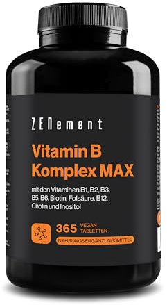 Vitamin B Komplex MAX, mit den Vitaminen B1, B2, B3, B5, B6, Biotin, Folsäure, B12, Cholin und Inositol, 365 Vegan Tabletten |Müdigkei, normalen geistigen Leistungsfähigkeit und Immunsystems bei
