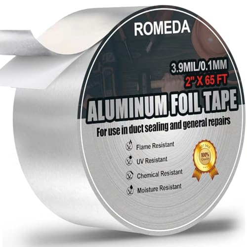 Romeda Aluminum Foil Tape, 2 inch x 65 Feet Foil Tape (3.9 mil), Silver Insulation Adhesive Metal Tape, High Temperature Heavy Duty HVAC Tapes for Ductwork, Dryer Vent, HVAC