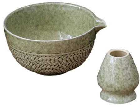 Qianly Bols à Matcha en céramique 2 pièces, bol à thé en céramique de 500ml avec bec verseur, Vert