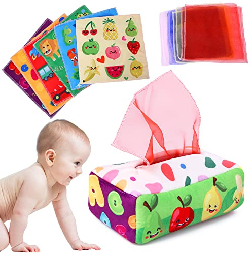 YOGINGO Baby Toys 6 to 12 Months - Tissue Box Toy Montessori for Babies 6-12 Months, Soft Stuffed High Contrast Crinkle Infant Sensory Toys, Boys&Girls Kids Early Learning Gifts