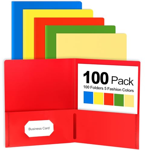 100 Pack Plastic Folders with Pockets, 5 Color Heavy Duty Two Pocket Folder