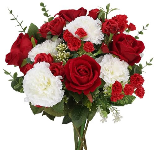 Luabue Künstliche Blumenstrauß Künstliche Blumen Rot Rosen Seidenblumen Weiße Nelkenblume Blumensträuße für Hochzeit Parteien Valentinstag Muttertag Dekoration Tischdeko Brautstrauß
