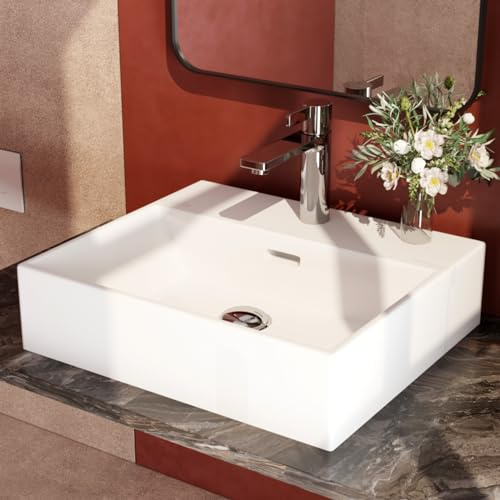 EMKE Lavabo Design Moderno – lavandino Sospeso in Ceramica con Bordo Sottile, Bagno e WC Ospiti, 415x360x130 mm,Bianco Lucido, Lavabo Quadrato, Lavabo da Appoggio