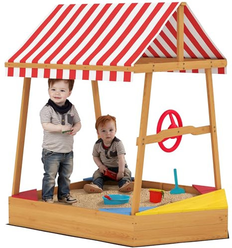 AIYAPLAY Wooden Kids Sandpit, Boat Sandbox with Canopy, Seats, Rudder & Non-woven Fabric Bottom Liner, Outdoor Sand Pit for Children 3-8 Years, for Garden, Grass, Beach, Yellow